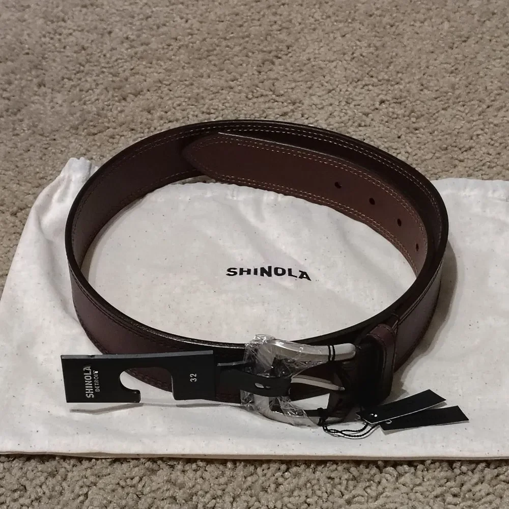 NWT Men’s Shinola Double Stitch Leather Belt Dark Brown, Size 32